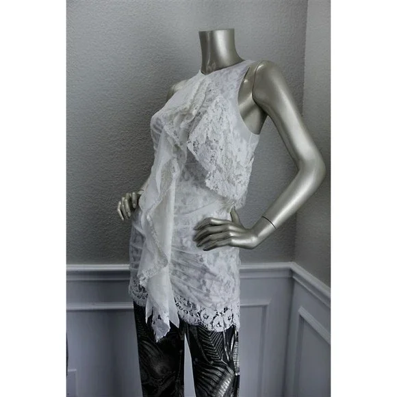 Proenza Schouler One-Shoulder Ruffle Front Lace Top, White, Women's, 4